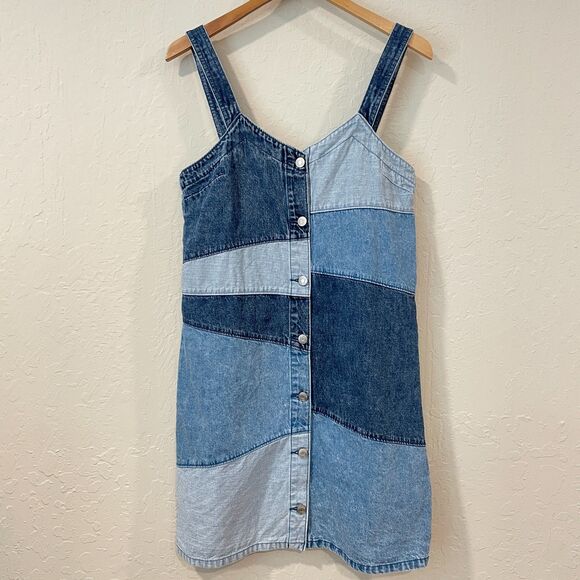 ~ GAP Small Boho Patchwork Denim Mini Dress Button Up 100% Cotton Light/Med/Dark - Picture 4 of 13